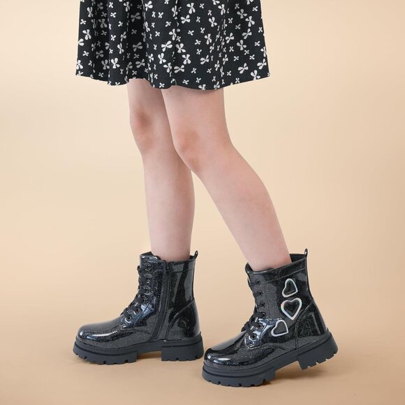Girl's Black Fashion Shiny Rubber Combat Kids Slip-on Lightweight Ankle Boots - Picture 2 of 6